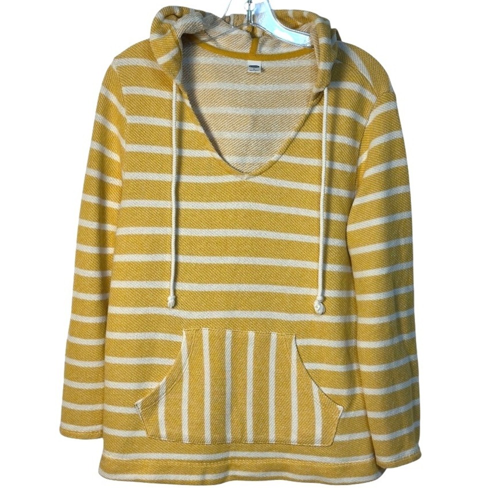 Old Navy Stripe Hoodie Pullover V-Neck Kangaroo Pocket Sweatshirt Yellow White M